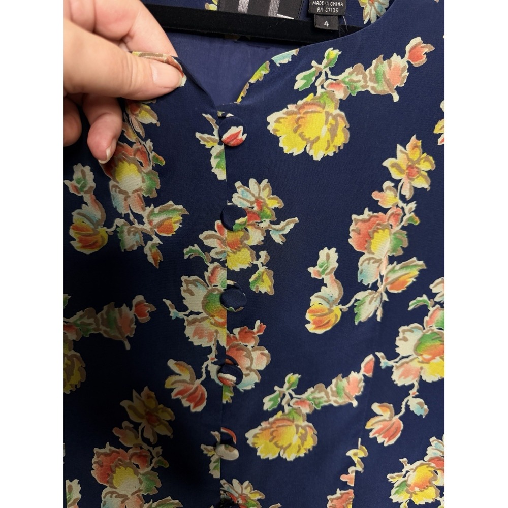 YL Dress Womens Navy Blue Floral 100% Silk Button Front Long Sleeve Mini Dress 4 - Picture 2 of 7